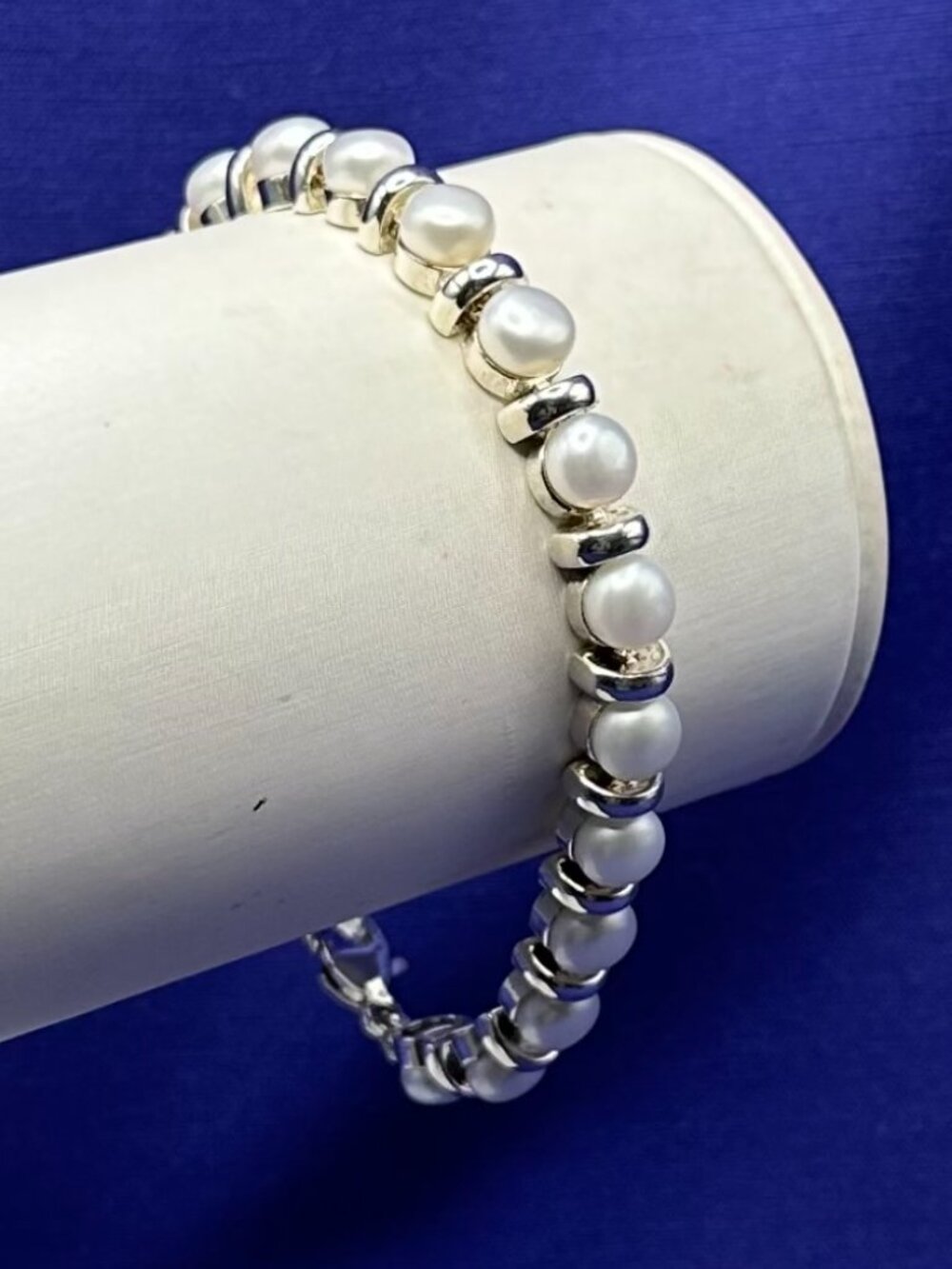 VTG Sterling Silver 925 X Pearl Cabochon Link Tennis Bracelet